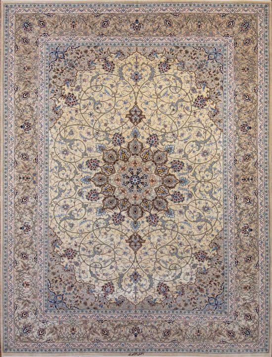 Isfahan silk rug Handmade Persian rug with gold and taupe colors. Size 8.6x12.2