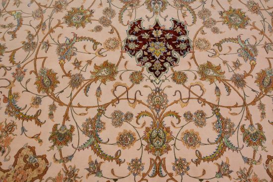 Luxury fine Persian rug. A beautiful hand knotted authentic Persian Isfahan rug made of kork wool and silk in beige, gold, and maroon colors. Size 11.9x17.