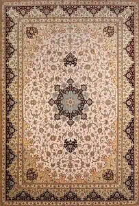 Oversized rugs, luxury fine Persian rug. A beautiful hand knotted authentic Persian Isfahan rug made of kork wool and silk in beige, gold, and maroon colors. 