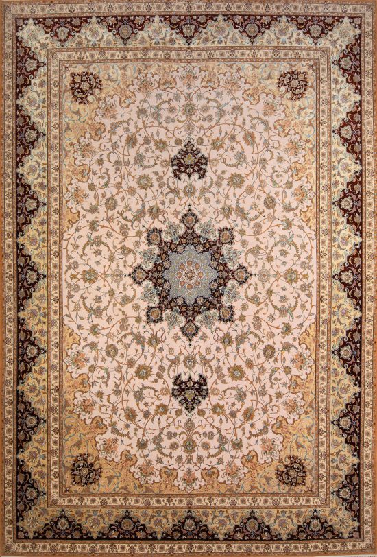 Luxury fine Persian rug. A beautiful hand knotted authentic Persian Isfahan rug made of kork wool and silk in beige, gold, and maroon colors. Size 11.9x17.