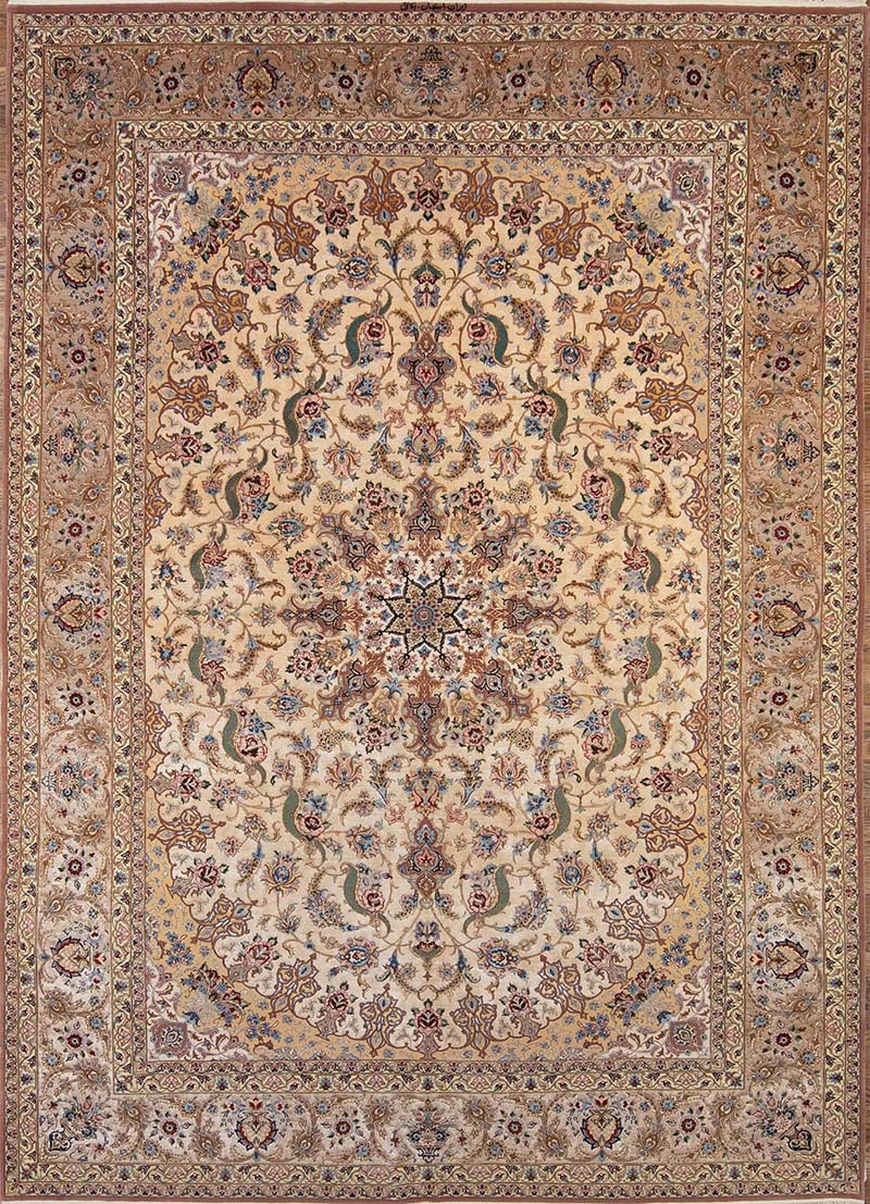 Beige Persian silk rug. Beautiful hand knotted genuine Persian Isfahan rug, multicolor in beige earth-tone. Size 8.8x11.9.