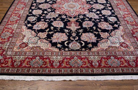 Family room rug. Persian Tabriz rug with black and red colors. Size 8.4x11.7.