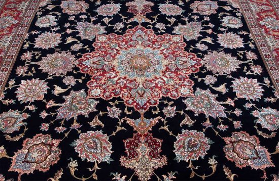 Family room rug. Persian Tabriz rug with black and red colors. Size 8.4x11.7.