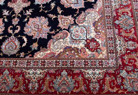 Family room rug. Persian Tabriz rug with black and red colors. Size 8.4x11.7.