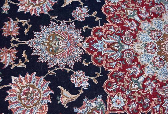 Family room rug. Persian Tabriz rug with navy blue and red colors. Size 8.4x11.7.