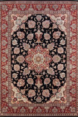 Family room rug. Persian Tabriz rug with black and red colors. Size 8.4x11.7.