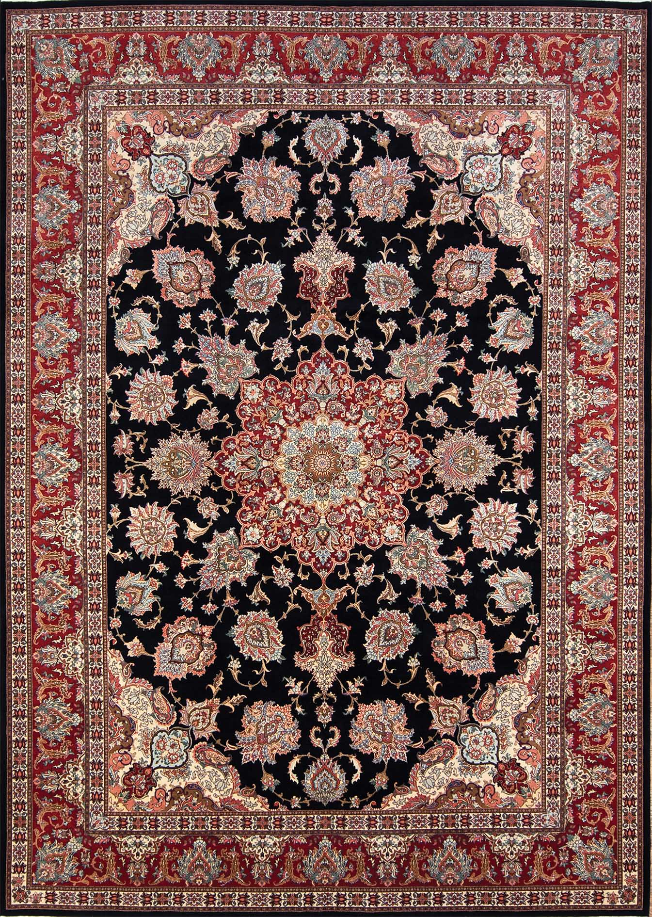 Family room rug. Persian Tabriz rug with black and red colors. Size 8.4x11.7.