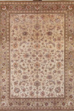 Persian Silk carpet, top quality handmade Persian Isfahan silk carpet with champagne and olive. Size 8.6x12.color. Size 8.6x12.