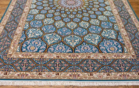 7x10 blue and gold Persian rug. Handmade Persian Isfahan rug with dome design.