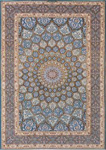 7x10 blue and gold Persian rug. Handmade Persian Isfahan rug with dome design.