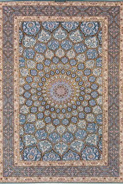 7x10 blue and gold Persian rug. Handmade Persian Isfahan rug with dome design.