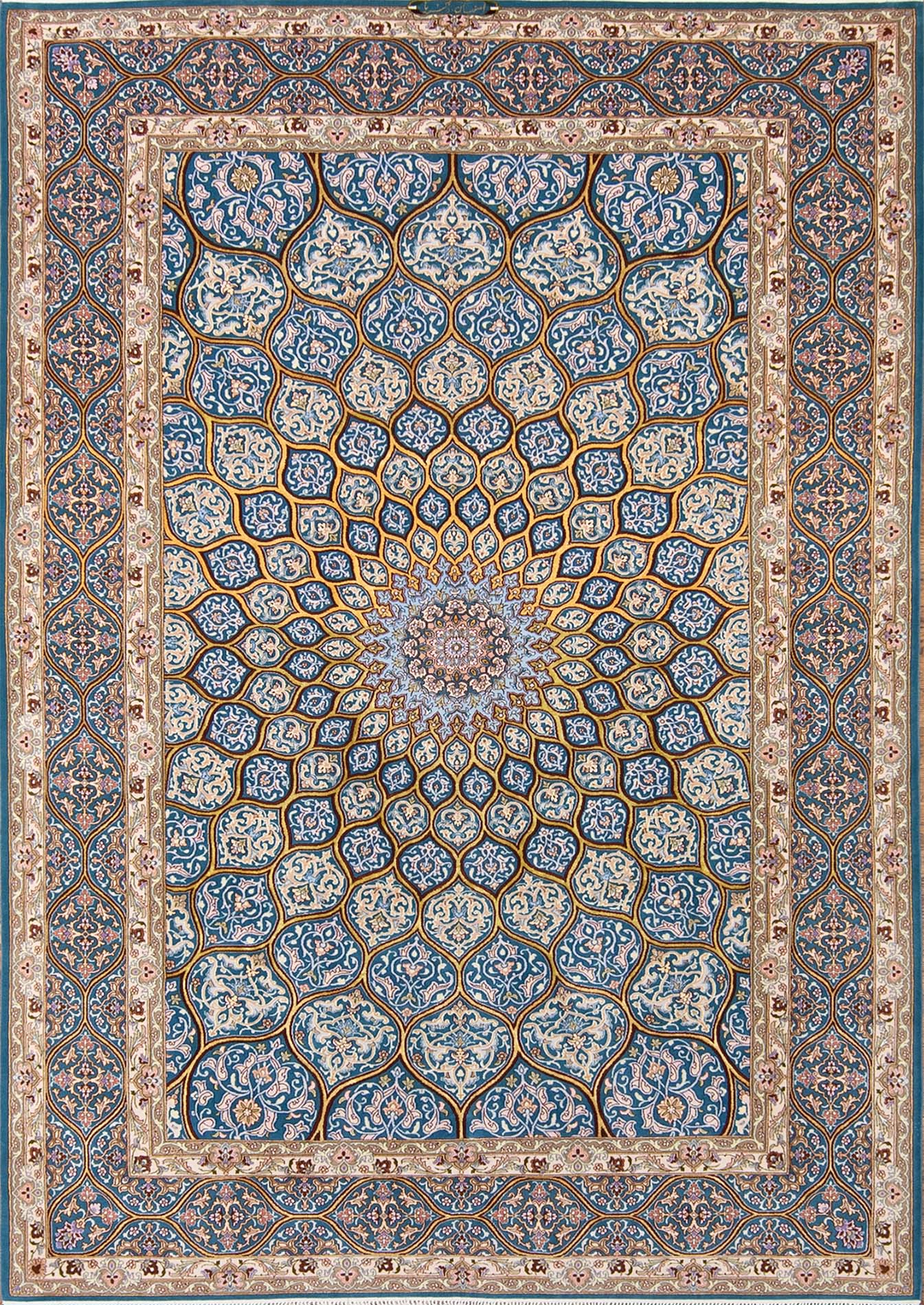 7x10 blue and gold Persian rug. Handmade Persian Isfahan rug with dome design.