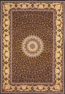 Persian purple rug. Hand knotted Persian Isfahan rug with mandala design in purple and gold colors made of kork wool and silk. Size 6.8x10.3.