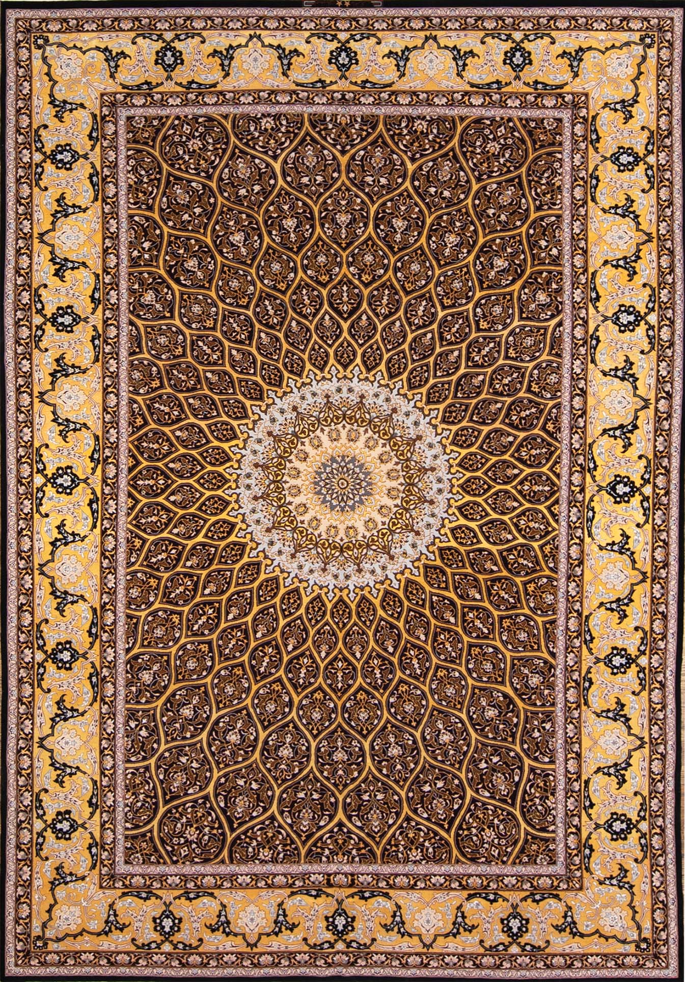 Persian purple rug. Hand knotted Persian Isfahan rug with mandala design in purple and gold colors made of kork wool and silk. Size 6.8x10.3.