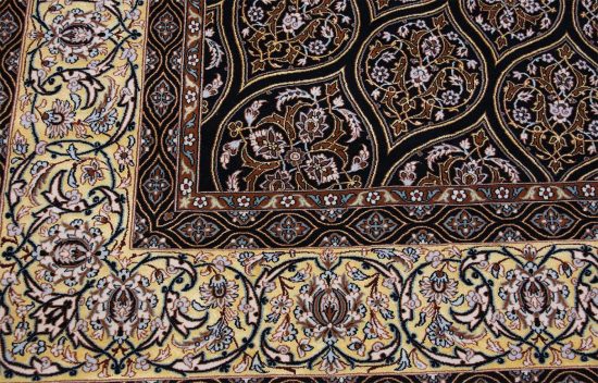 Black and gold color Persian Isfahan rug. Gonbadi design. Size 8.3x11.8