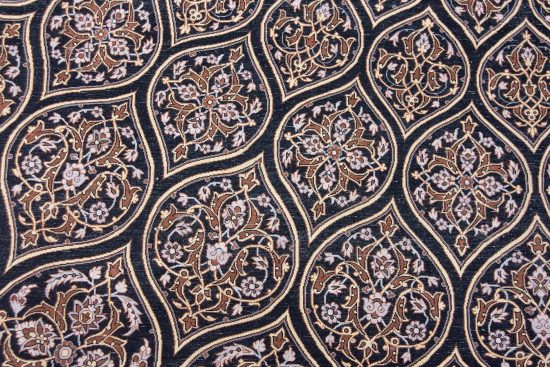 Black and gold color Persian Isfahan rug. Gonbadi design. Size 8.3x11.8