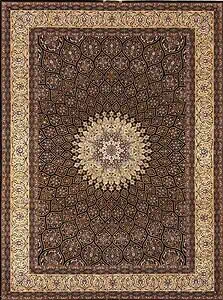 Hand woven Persian Isfahan medallion rug in black and gold colors. Size 8.3x11.8.