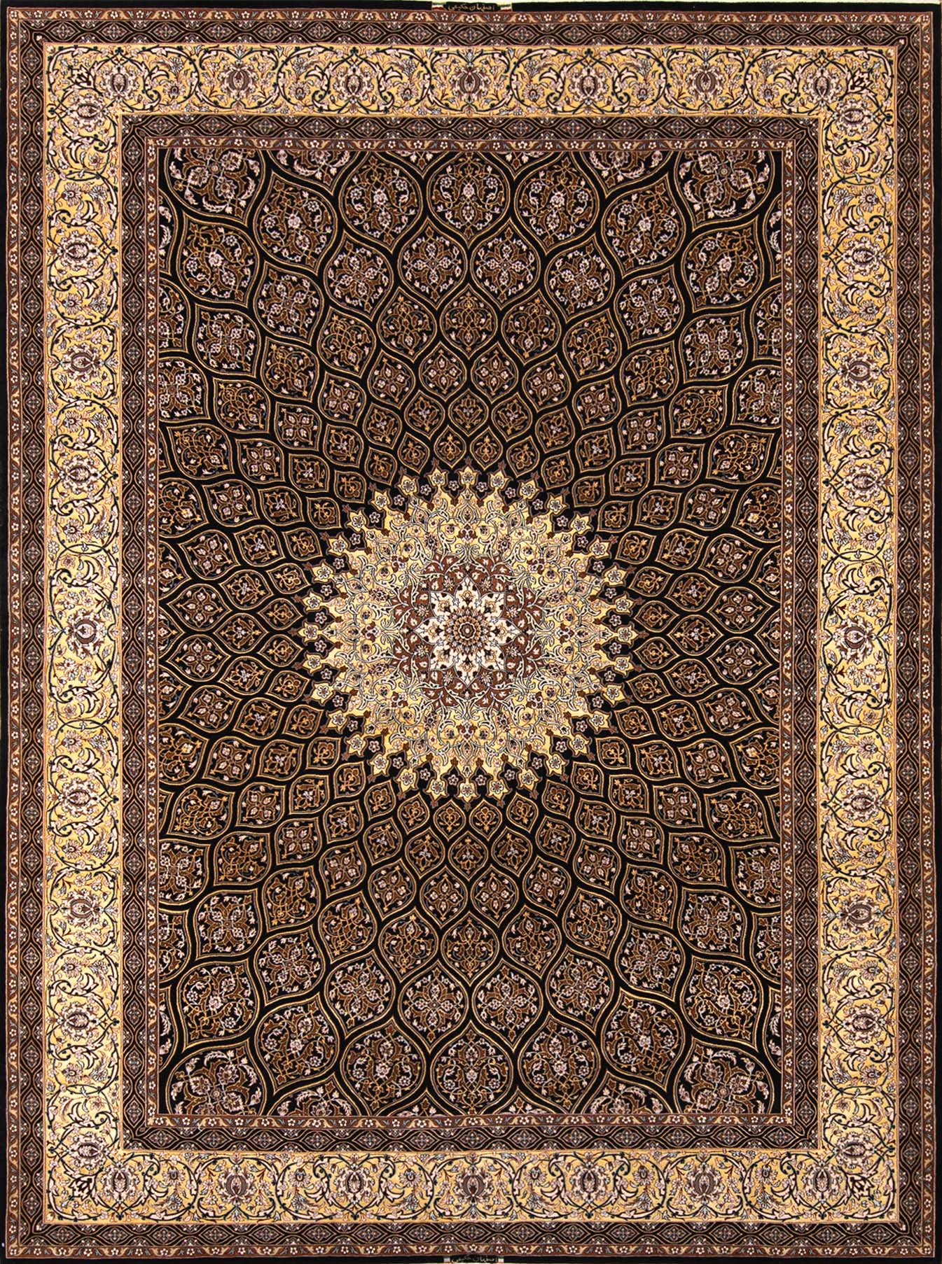 Black and gold color Persian Isfahan rug. Gonbadi design. Size 8.3x11.8
