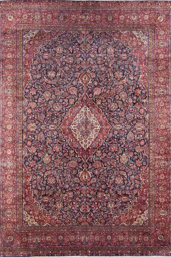 Real Persian rugs. A magnificent vintage floral Persian Kashan rug in navy blue and red border. Size 10.4x14.