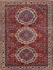 2476- Gorgeous high quality hand knotted antique Persian Bakhtiari Bibi baft rug with a unique three medallion. Size 10.7x14.