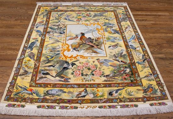 Hand Knotted Persian Tabriz rug, Bevy of Birds Rug, Scenery Rug, Artwork of Iran Rugs, Festival of Birds, size 5x7.