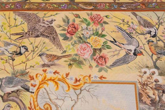 Hand Knotted Persian Tabriz rug, Bevy of Birds Rug, Scenery Rug, Artwork of Iran Rugs, Festival of Birds, size 5x7. Backside image