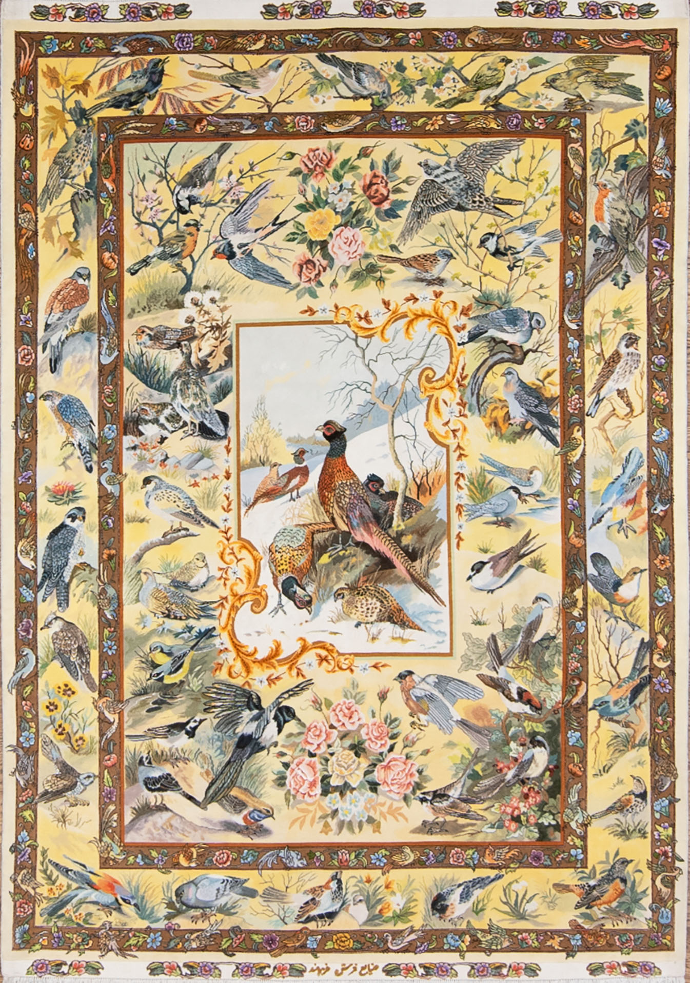 Hand Knotted Persian Tabriz rug, Bevy of Birds Rug, Scenery Rug, Artwork of Iran Rugs, Festival of Birds, size 5x7.