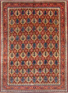 Vintage Bakhtiari rug. Multicolor handmade Persian rug with pine trees. Size 10x13.7.