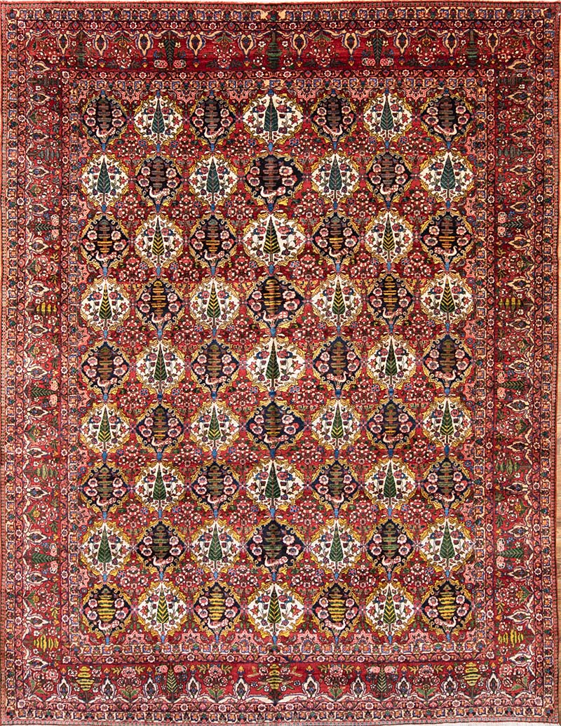 Old Persian Bakhtiari rug in red color, garden design with pine tree. Size 10.2x13.5.