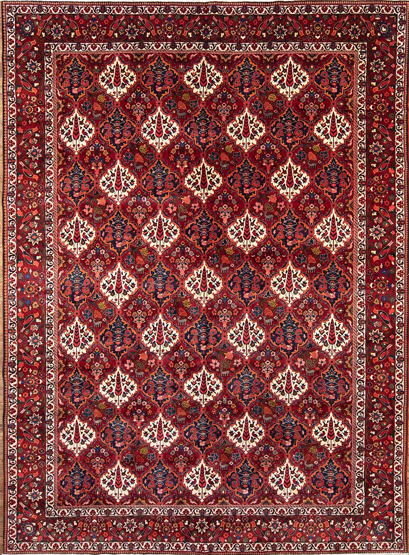 Hand knotted wool rugs. Persian Bakhtiari rug with birds and pine trees in red colors. Size 10.3x14.