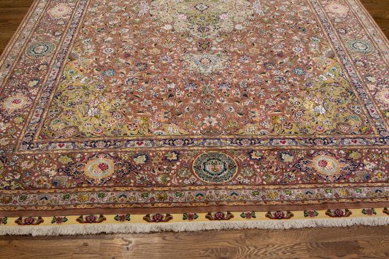 Colorful Persian rug. Beautiful hand knotted floral Persian Tabriz rug in mauve and purple colors made of wool and silk. Size 8.2x11.7.