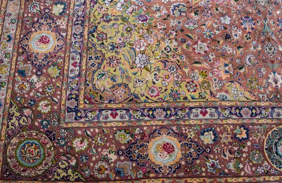 Colorful Persian rug. Beautiful hand knotted floral Persian Tabriz rug in mauve and purple colors made of wool and silk. Size 8.2x11.7.