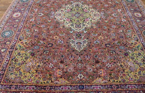 Colorful Persian rug. Beautiful hand knotted floral Persian Tabriz rug in mauve and purple colors made of wool and silk. Size 8.2x11.7.