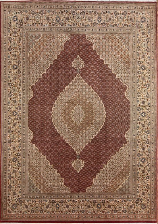 Best rugs for living room, classic Persian Tabriz wool and silk rug in red color. Size 10x13.