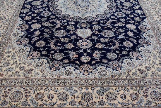 Persian navy blue rug made of wool and silk, handmade Persian Nain rug. Size 8.4x11.5.