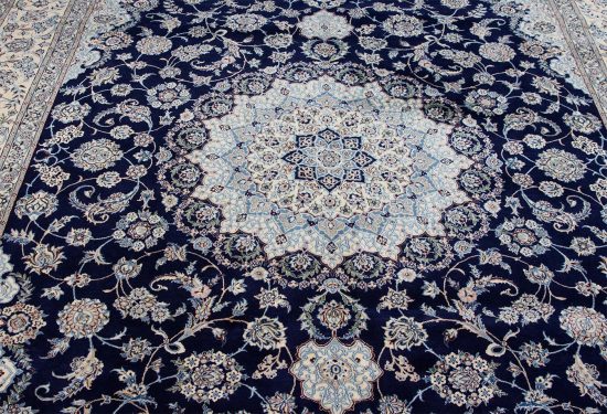 Persian navy blue rug made of wool and silk, handmade Persian Nain rug. Size 8.4x11.5.