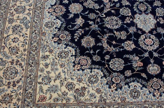 Persian navy blue rug made of wool and silk, handmade Persian Nain rug. Size 8.4x11.5.