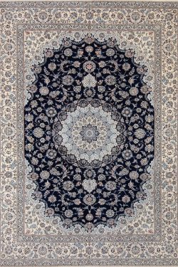 Persian navy blue rug made of wool and silk, handmade Persian Nain rug. Size 8.4x11.5.