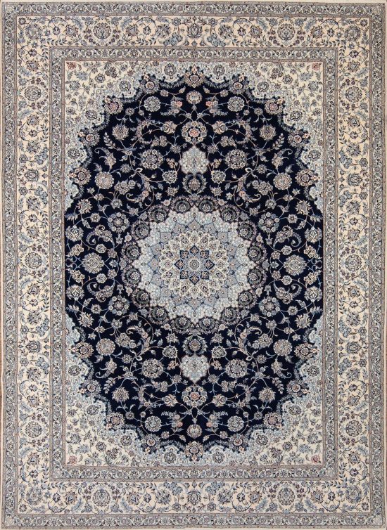 Persian navy blue rug made of wool and silk, handmade Persian Nain rug. Size 8.4x11.5.