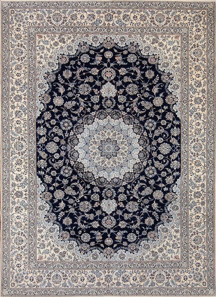 7403- Persian navy blue rug. Handmade floral wool and silk Persian Nain rug. Size 8.4x11.5.