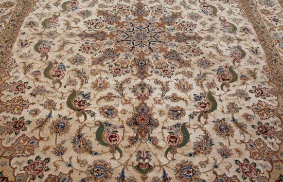 Beige Persian silk rug. Beautiful hand knotted genuine Persian Isfahan rug, multicolor in beige earth-tone. Size 8.8x11.9.