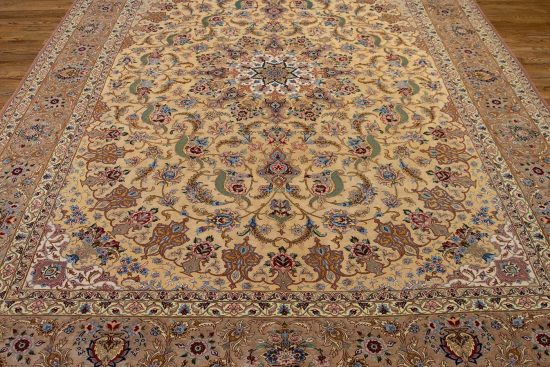 Beige Persian silk rug. Beautiful hand knotted genuine Persian Isfahan rug, multicolor in beige earth-tone. Size 8.8x11.9.