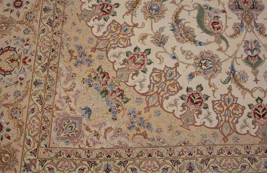 Beige Persian silk rug. Beautiful hand knotted genuine Persian Isfahan rug, multicolor in beige earth-tone. Size 8.8x11.9.