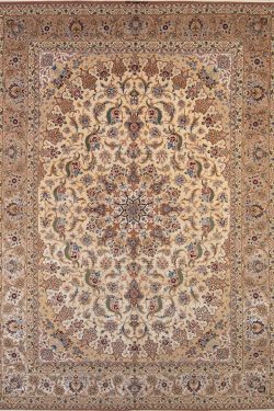 Beige Persian silk rug. Beautiful hand knotted genuine Persian Isfahan rug, multicolor in beige earth-tone. Size 8.8x11.9.