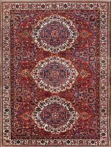 Persian Bakhtiari rug in red color with a distinctive three medallion style.