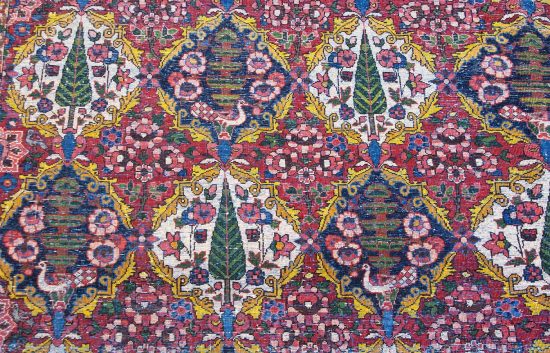 Old Persian Bakhtiari rug in red color, garden design with pine tree. Size 10.2x13.5.