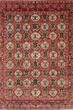 Old Persian Bakhtiari rug in red color, garden design with pine tree. Size 10.2x13.5.