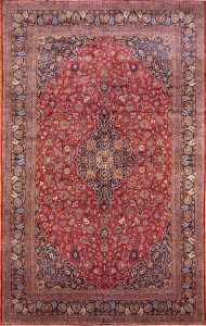 Antique Persian Kashan rug with red and navy-blue colors. Size11.5x18.2.