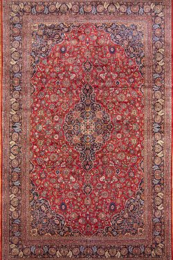 Antique Persian Kashan rug with red and navy-blue colors. Size11.5x18.2.