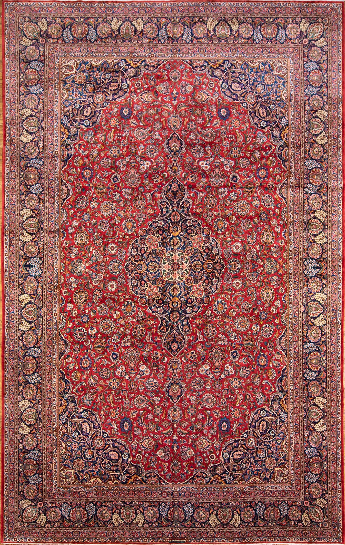 Antique Persian Kashan rug with red and navy-blue colors. Size11.5x18.2.